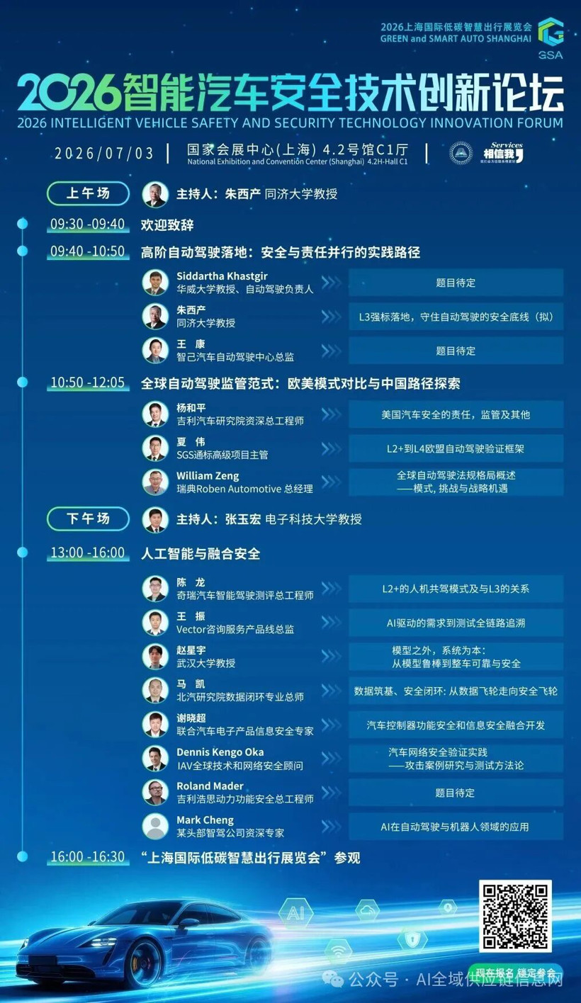 最新议程｜2026智能汽车安全技术创新论坛，国内外先进专家共话安全！