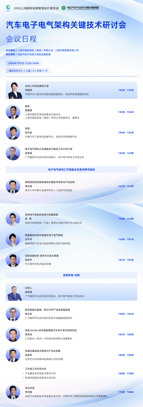 汽车电子电气架构关键技术研讨会暨工作组会议最终日程发布
