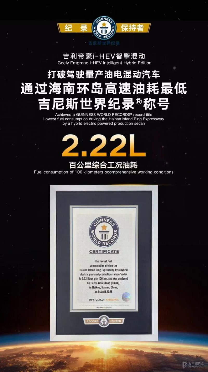 吉利帝豪i-HEV智擎混动全球上市 浩思动力助推打破吉尼斯油耗认证新记录