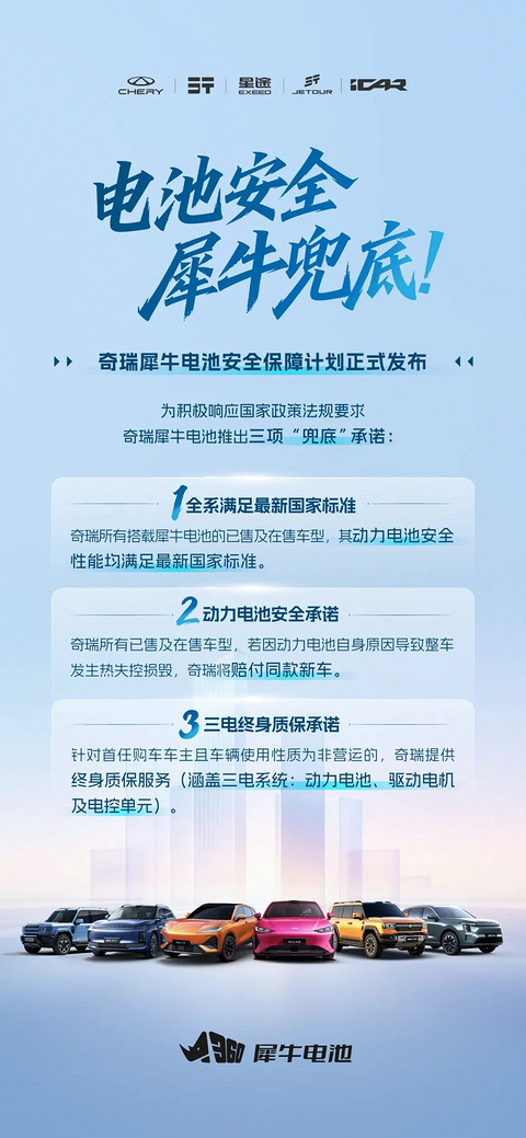 奇瑞“电池兜底”承诺：热失控赔新车，三电终身质保