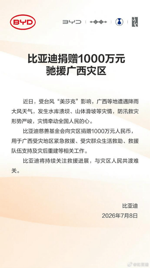比亚迪捐赠千万元 支援广西台风灾区救灾重建
