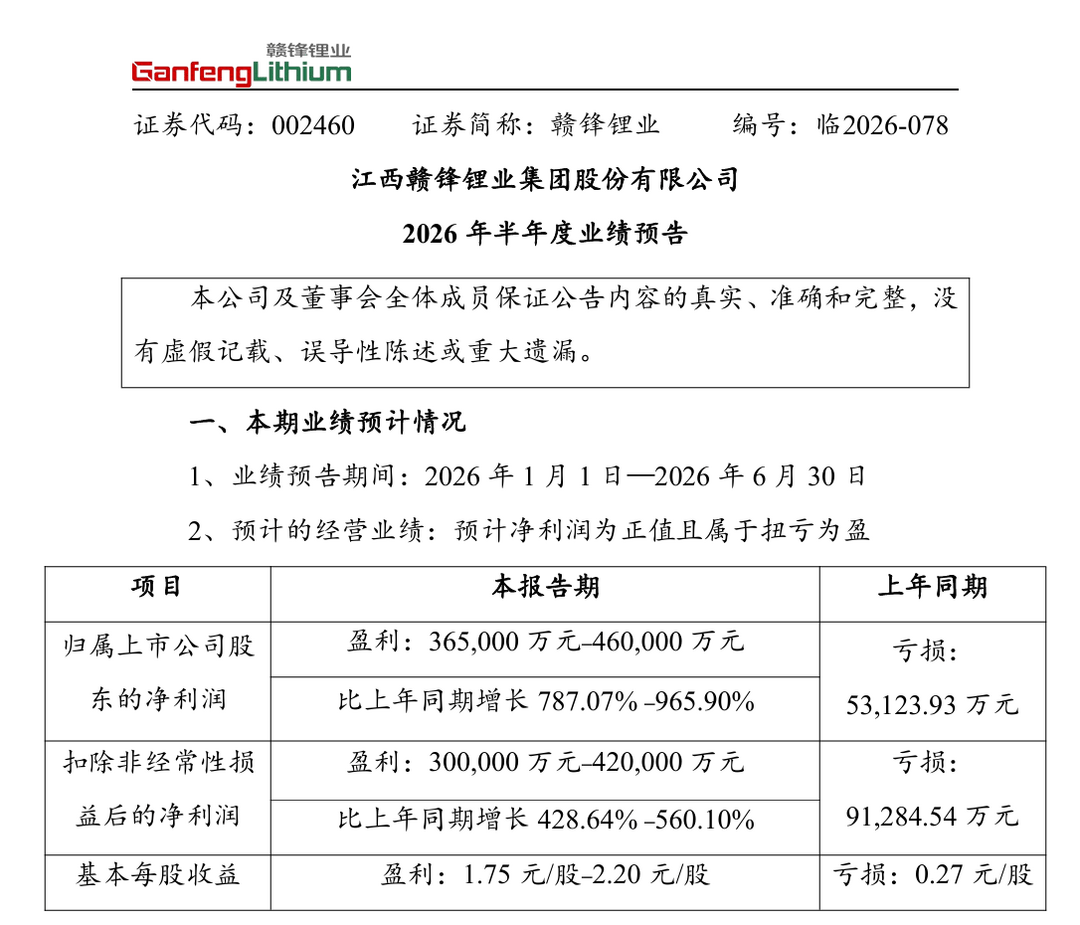 赣锋锂业上半年预计扭亏为盈，净利润最高或达46亿元