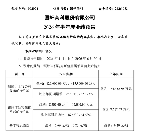 国轩高科上半年净利预增超227%
