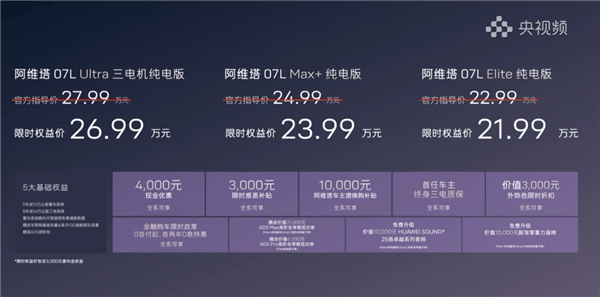 全系标配ADS5、太行三电机最大马力970匹!阿维塔07L上市:限时21.99万起