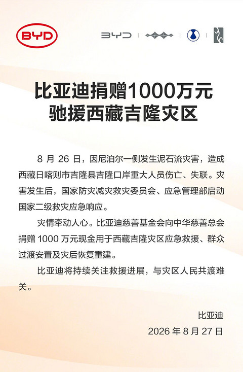 比亚迪捐赠1000万元驰援西藏吉隆灾区