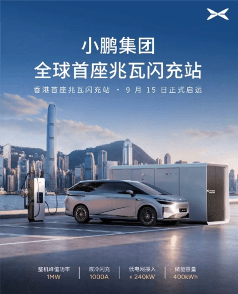 峰值功率1MW、配400度储能包!小鹏全球首座兆瓦闪充站落地香港 所有电动车可用