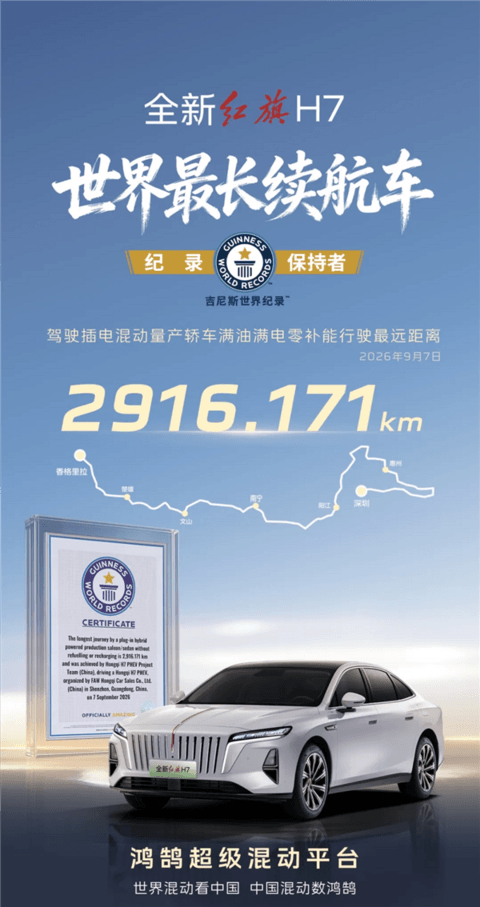 2916.171km登顶世界最长续航车!全新红旗H7刷新吉尼斯世界纪录