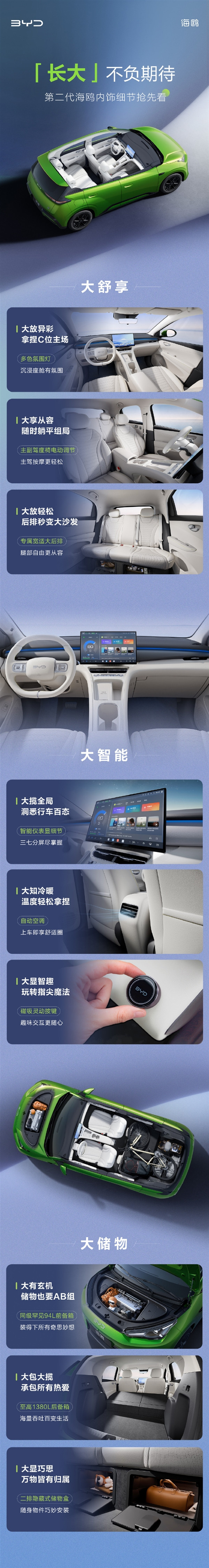 入门纯电卷配置!比亚迪第二代海鸥内饰预告:主驾按摩+多储物设计
